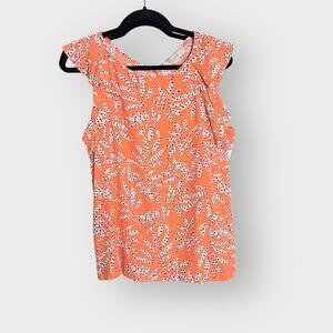 LOFT tropical leaf dot print ruffle sleeveless blouse, small